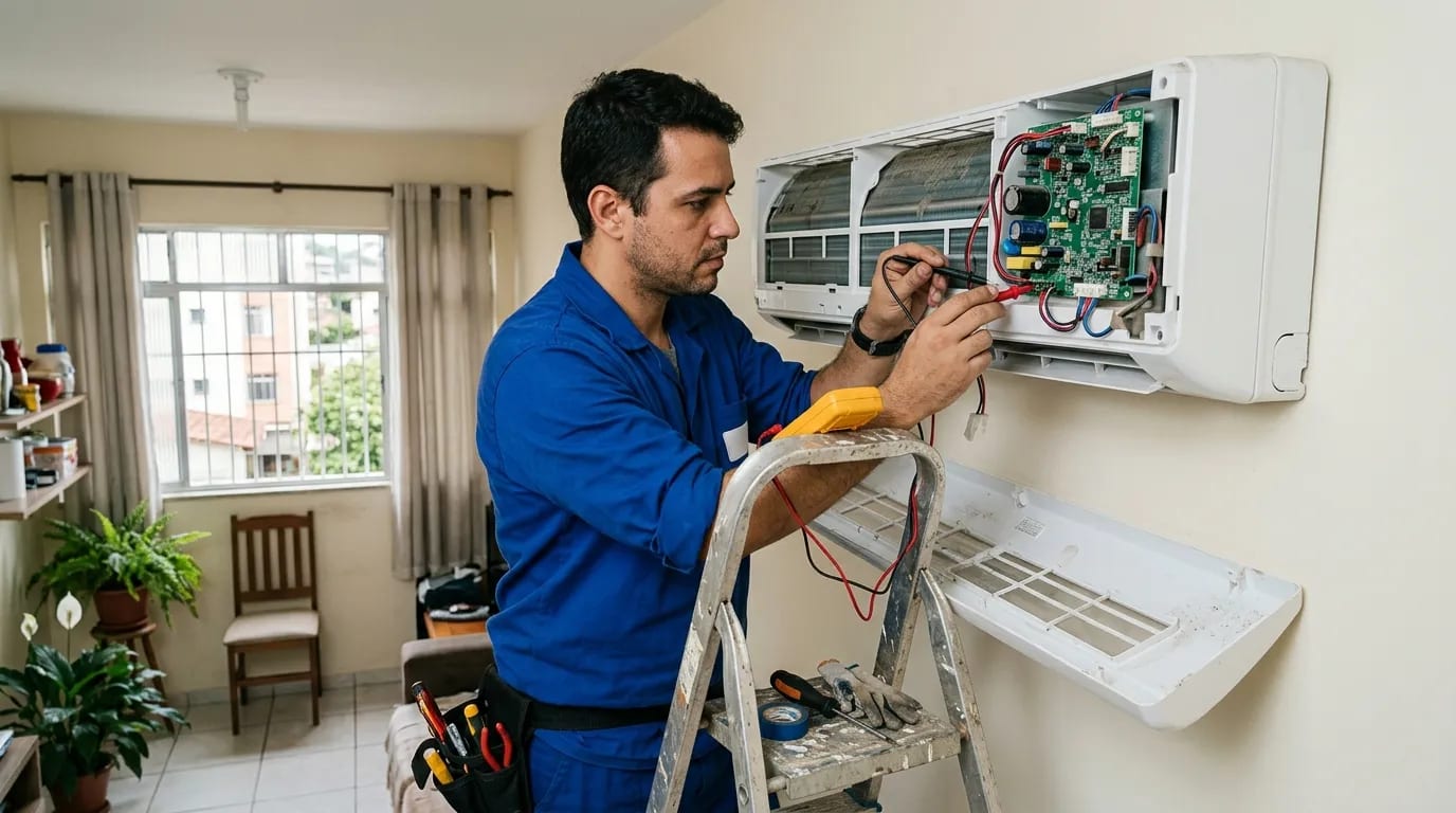 Eletricista ligando a placa do ar-condicionado split em São Luís‑MA